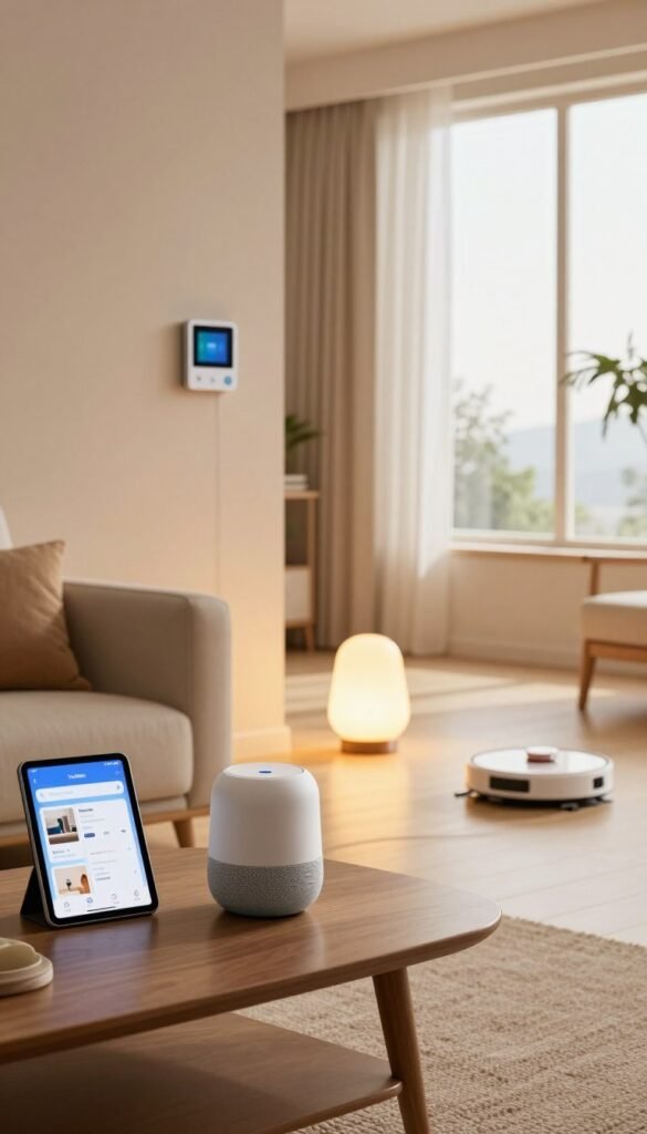 A modern living room showcasing various smart home solutions in action, emphasizing a cozy and inviting atmosphere. In the foreground, a sleek smart speaker sits on a stylish coffee table beside a tablet displaying a home automation app. The middle ground features smart light bulbs casting warm, ambient light around the room, while a smart thermostat is subtly integrated into the wall. In the background, large windows let in natural light, with curtains slightly drawn to create a bright, airy space. Incorporate hints of technology such as smart plugs and a robot vacuum moving across the floor. The color palette should be warm and earthy, embodying a Pinterest-inspired aesthetic. The brand "TechKiste" is subtly displayed on the tablet screen without text overlays. A modern living room showcasing various smart home solutions in action, emphasizing a cozy and inviting atmosphere. In the foreground, a sleek smart speaker sits on a stylish coffee table beside a tablet displaying a home automation app. The middle ground features smart light bulbs casting warm, ambient light around the room, while a smart thermostat is subtly integrated into the wall. In the background, large windows let in natural light, with curtains slightly drawn to create a bright, airy space. Incorporate hints of technology such as smart plugs and a robot vacuum moving across the floor. The color palette should be warm and earthy, embodying a Pinterest-inspired aesthetic. The brand "TechKiste" is subtly displayed on the tablet screen without text overlays.