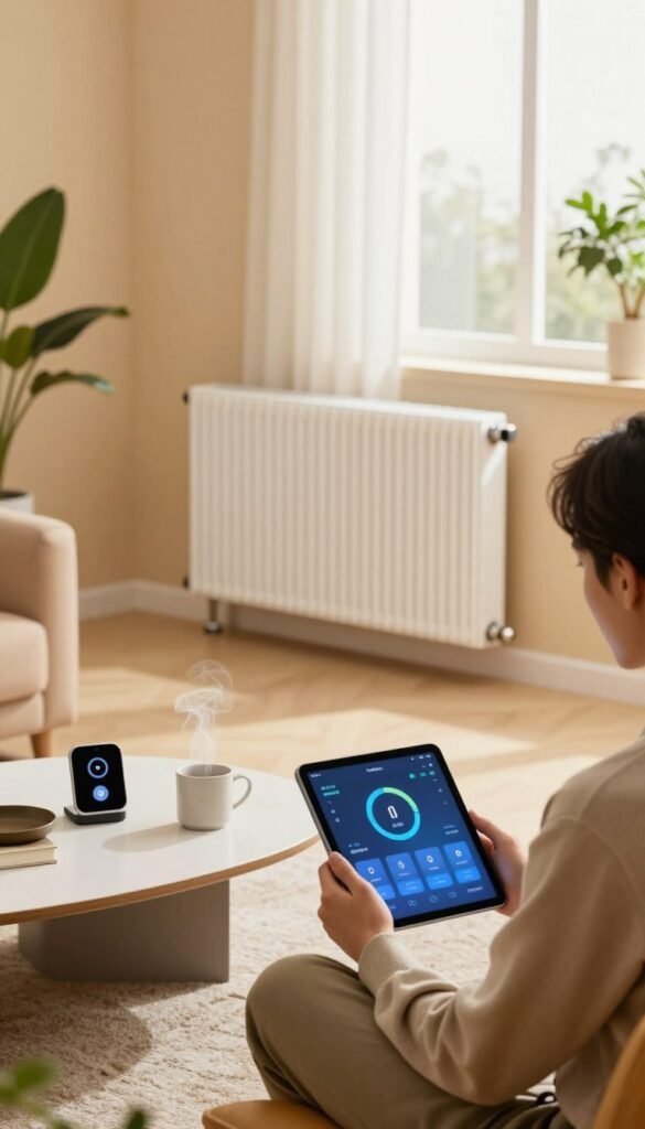 A modern living room with warm colors, featuring a sleek, contemporary radiator system that symbolizes efficient heating automation. In the foreground, a well-dressed professional, wearing smart casual attire, examines a tablet displaying heating data. In the middle, a stylish, minimalistic coffee table holds smart home devices and a steaming mug. The background reveals a large window with soft natural light filtering through, highlighting the cozy atmosphere of the space. Green plants add a touch of life, while a subtle hint of technology, featuring brand elements of "TechKiste", is integrated discreetly into the decor. The overall mood is inviting and innovative, capturing the essence of modern heating automation without any text or distractions. A modern living room with warm colors, featuring a sleek, contemporary radiator system that symbolizes efficient heating automation. In the foreground, a well-dressed professional, wearing smart casual attire, examines a tablet displaying heating data. In the middle, a stylish, minimalistic coffee table holds smart home devices and a steaming mug. The background reveals a large window with soft natural light filtering through, highlighting the cozy atmosphere of the space. Green plants add a touch of life, while a subtle hint of technology, featuring brand elements of "TechKiste", is integrated discreetly into the decor. The overall mood is inviting and innovative, capturing the essence of modern heating automation without any text or distractions.