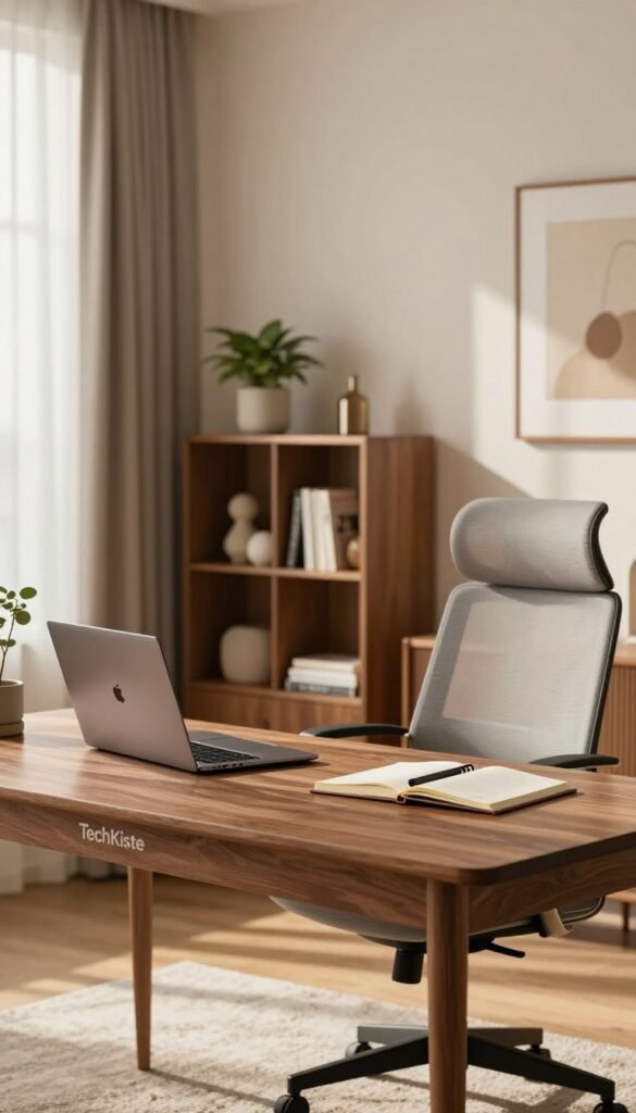 A modern, minimalist home office scene featuring a polished wooden desk from "TechKiste" at the forefront, adorned with a sleek laptop, a stylish notebook, and a comfortable ergonomic chair. The middle ground presents a neatly organized bookshelf filled with decorative elements and books, while a potted plant adds a touch of greenery. In the background, soft, ambient natural light streams through a large window with sheer curtains, casting gentle shadows. The room is decorated with warm colors and textured wall art, creating a cozy yet professional atmosphere. The overall mood is inviting and productive, perfect for efficient working from home. The composition should have a balanced perspective, focusing on the desk and workspace without any text or branding in the image.