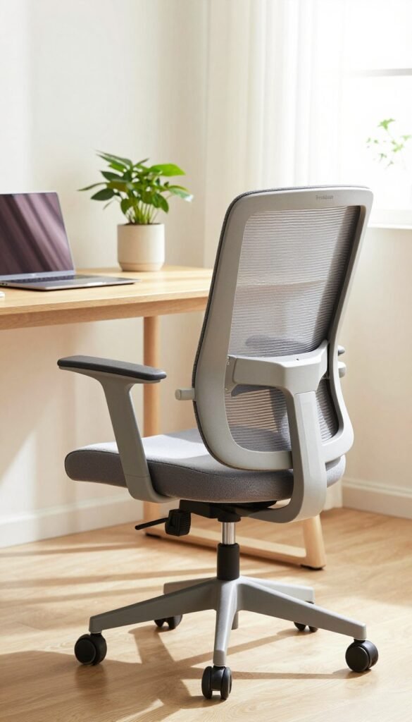A modern office chair designed for ergonomic support, showcasing a sleek, minimalist style with a breathable mesh back and adjustable armrests. The foreground features the chair prominently positioned in a home office setting. In the middle, a stylish wooden desk holds a laptop and a potted plant, adding a touch of greenery. The background reveals a bright, airy room featuring soft natural light streaming through a window, creating a warm and inviting atmosphere. The color palette consists of calm earth tones and pastels, giving a Pinterest-worthy aesthetic. Capture the image with a slight angle to emphasize the chair’s design, ensuring it appears professional yet cozy, representing the TechKiste brand without any text or logos. A modern office chair designed for ergonomic support, showcasing a sleek, minimalist style with a breathable mesh back and adjustable armrests. The foreground features the chair prominently positioned in a home office setting. In the middle, a stylish wooden desk holds a laptop and a potted plant, adding a touch of greenery. The background reveals a bright, airy room featuring soft natural light streaming through a window, creating a warm and inviting atmosphere. The color palette consists of calm earth tones and pastels, giving a Pinterest-worthy aesthetic. Capture the image with a slight angle to emphasize the chair’s design, ensuring it appears professional yet cozy, representing the TechKiste brand without any text or logos.
