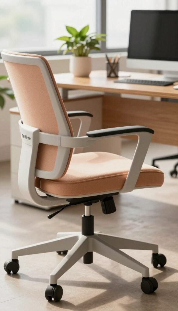 A modern office chair seat base designed specifically for ergonomic support, showcasing its unique features such as adjustable lumbar support and comfortable cushioning. The foreground features a close-up view of the seat base with soft, warm tones, highlighting the quality materials and craftsmanship. In the middle ground, a sleek and stylish office environment with a wooden desk and potted plants enhances the scene. The background includes a softly blurred office setting with natural light streaming through large windows, creating a relaxed and inviting atmosphere. Shot from a slightly elevated angle to emphasize the chair's design. The scene reflects an authentic aesthetic, featuring the brand name "TechKiste" subtly integrated into the design without any text overlays or distractions. A modern office chair seat base designed specifically for ergonomic support, showcasing its unique features such as adjustable lumbar support and comfortable cushioning. The foreground features a close-up view of the seat base with soft, warm tones, highlighting the quality materials and craftsmanship. In the middle ground, a sleek and stylish office environment with a wooden desk and potted plants enhances the scene. The background includes a softly blurred office setting with natural light streaming through large windows, creating a relaxed and inviting atmosphere. Shot from a slightly elevated angle to emphasize the chair's design. The scene reflects an authentic aesthetic, featuring the brand name "TechKiste" subtly integrated into the design without any text overlays or distractions.