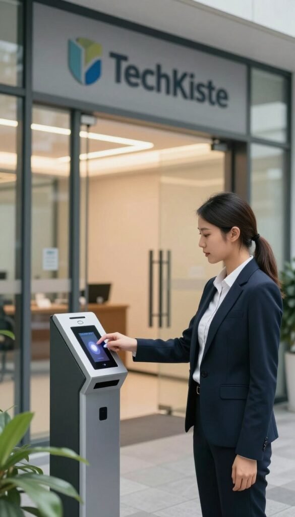 A modern office entrance featuring advanced security measures, such as biometric scanners and surveillance cameras, showcasing a professional and secure environment. In the foreground, a well-dressed businessperson scans their fingerprint at a sleek access control panel with a focused expression. The middle ground displays a glass security door, well-lit with warm, inviting lighting, while the background includes a corporate logo for "TechKiste" subtly integrated into the office's design. Soft, natural colors dominate the scene, creating an authentic atmosphere. The image should convey a sense of safety and advanced planning in security access, captured from a slightly elevated angle to emphasize the technology and professional attire of the individual interacting with the security system.