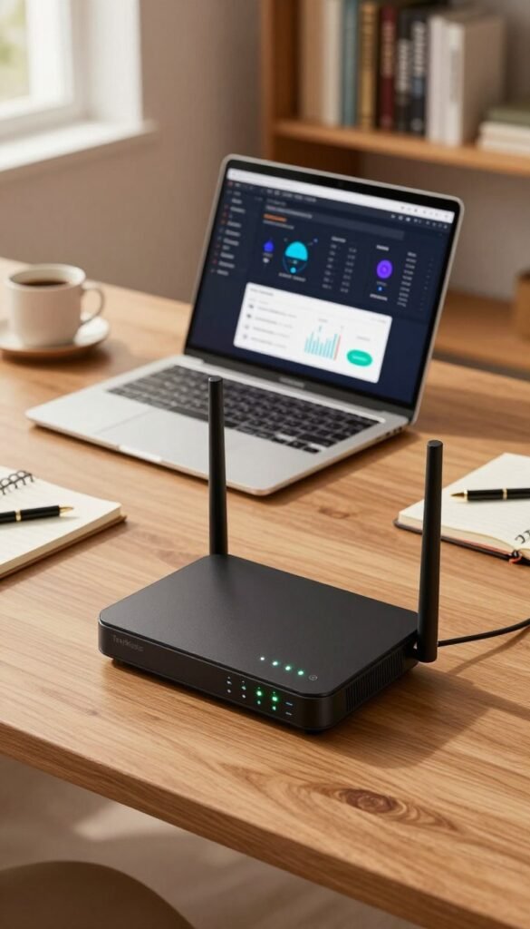 A modern office environment with a focus on a high-tech security router prominently displayed on a sleek wooden desk. In the foreground, the router, branded "TechKiste," features multiple blinking lights indicating connectivity and security status. In the middle ground, a laptop with a network monitoring dashboard is open, showcasing various security tools and graphs, surrounded by essential accessories like a notepad and a stylish pen. In the background, a soft-lit ambiance with warm colors reflects a cozy yet professional atmosphere, with bookshelves lined with tech literature. The scene is bright and inviting, emphasizing a sense of safety and professionalism, captured from a slight overhead angle to enhance depth, with natural lighting filtering in through a window. A modern office environment with a focus on a high-tech security router prominently displayed on a sleek wooden desk. In the foreground, the router, branded "TechKiste," features multiple blinking lights indicating connectivity and security status. In the middle ground, a laptop with a network monitoring dashboard is open, showcasing various security tools and graphs, surrounded by essential accessories like a notepad and a stylish pen. In the background, a soft-lit ambiance with warm colors reflects a cozy yet professional atmosphere, with bookshelves lined with tech literature. The scene is bright and inviting, emphasizing a sense of safety and professionalism, captured from a slight overhead angle to enhance depth, with natural lighting filtering in through a window.