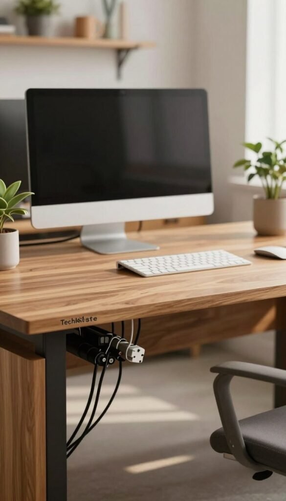 A modern office scene featuring a stylish "kabel schreibtisch" (cable desk), designed to manage and conceal clutter. In the foreground, showcase a sleek wooden desk with neatly organized cables, enhanced by warm, natural lighting. In the middle, include a stylish monitor setup with a minimalist keyboard and mouse, reflecting an efficient workspace. In the background, display soft-focus shelves with decorative items and plants, emphasizing a Pinterest-inspired aesthetic. Capture the mood of productivity and tranquility, with a soft depth of field to draw attention to the desk setup. The brand name "TechKiste" should be subtly incorporated within the desk design, ensuring it blends seamlessly into the overall composition. The image should look authentic and visually appealing, without any text or watermarks. A modern office scene featuring a stylish "kabel schreibtisch" (cable desk), designed to manage and conceal clutter. In the foreground, showcase a sleek wooden desk with neatly organized cables, enhanced by warm, natural lighting. In the middle, include a stylish monitor setup with a minimalist keyboard and mouse, reflecting an efficient workspace. In the background, display soft-focus shelves with decorative items and plants, emphasizing a Pinterest-inspired aesthetic. Capture the mood of productivity and tranquility, with a soft depth of field to draw attention to the desk setup. The brand name "TechKiste" should be subtly incorporated within the desk design, ensuring it blends seamlessly into the overall composition. The image should look authentic and visually appealing, without any text or watermarks.