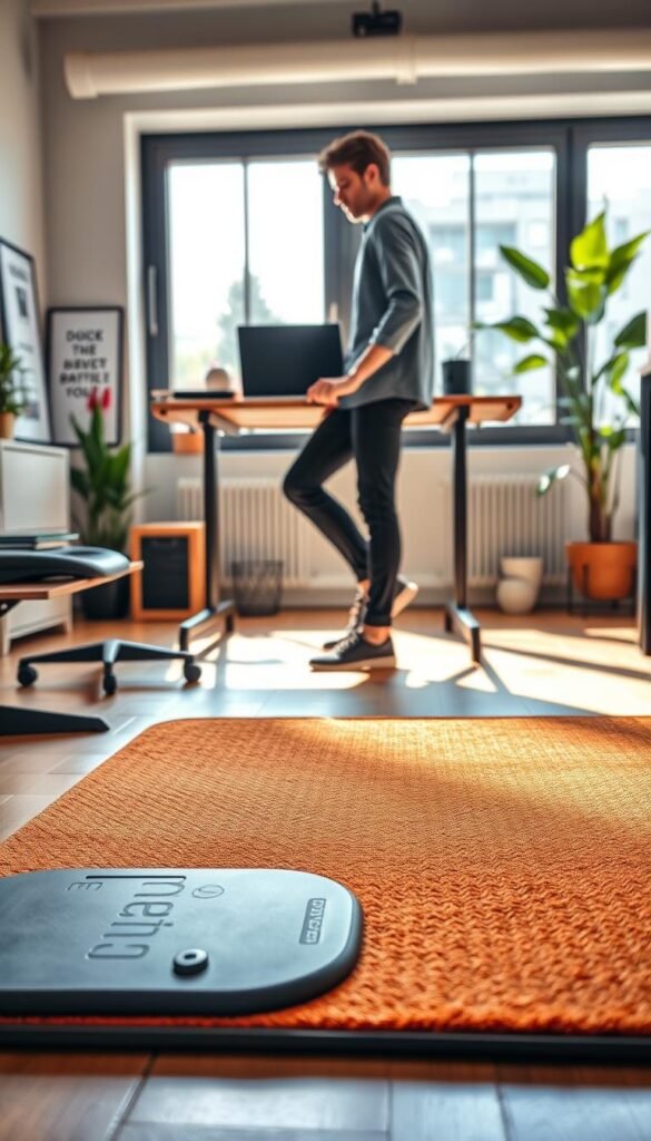 A modern office setting featuring an anti-fatigue mat and a footrest prominently positioned in the foreground. The mat should have a textured surface, showcasing its ergonomic design in warm, inviting colors. In the middle ground, a stylish standing desk, equipped with a laptop and office supplies, suggests an efficient workspace. To the background, large windows allow natural light to pour in, illuminating the space and enhancing the cozy atmosphere. The room is organized and aesthetically pleasing, resembling a Pinterest mood board, with greenery and motivational decor. Ensure that any human figure depicted, dressed in smart casual or professional attire, engages naturally with the workspace without distractions. Include the brand "TechKiste" subtly integrated into the scene without text overlay.