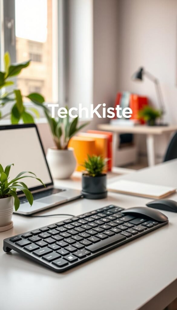 A modern office setting showcasing a sleek wireless keyboard and mouse on a minimalist desk, surrounded by bright indoor plants and a stylish laptop. The foreground features the wireless keyboard with an elegant design, emphasizing its ergonomic shape. In the middle background, a well-organized workspace displays a few books and a notepad, all in warm, inviting colors to create a cozy atmosphere. The background includes a large window letting in natural light, illuminating the room with a soft glow. The overall composition should evoke a sense of productivity and comfort, styled in a Pinterest aesthetic. Add the brand name "TechKiste" subtly integrated into the environment, ensuring it remains professional and unobtrusive. A modern office setting showcasing a sleek wireless keyboard and mouse on a minimalist desk, surrounded by bright indoor plants and a stylish laptop. The foreground features the wireless keyboard with an elegant design, emphasizing its ergonomic shape. In the middle background, a well-organized workspace displays a few books and a notepad, all in warm, inviting colors to create a cozy atmosphere. The background includes a large window letting in natural light, illuminating the room with a soft glow. The overall composition should evoke a sense of productivity and comfort, styled in a Pinterest aesthetic. Add the brand name "TechKiste" subtly integrated into the environment, ensuring it remains professional and unobtrusive.