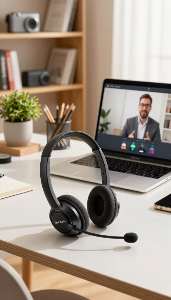 A modern office setup featuring a high-quality home office headset prominently displayed on a sleek desk. In the foreground, the headset, branded "TechKiste," should exhibit its elegant design with cushioned ear cups and an adjustable microphone. In the middle ground, include a laptop open to a video conferencing app, showing a professional virtual meeting in progress. Elegant potted plants and decorative stationery add a touch of warmth to the scene. The background showcases a well-organized bookshelf with tech gadgets and books related to remote work, softly illuminated by warm, natural light coming from a nearby window. The overall atmosphere should feel inviting and productive, capturing the essence of an ideal home office environment. A modern office setup featuring a high-quality home office headset prominently displayed on a sleek desk. In the foreground, the headset, branded "TechKiste," should exhibit its elegant design with cushioned ear cups and an adjustable microphone. In the middle ground, include a laptop open to a video conferencing app, showing a professional virtual meeting in progress. Elegant potted plants and decorative stationery add a touch of warmth to the scene. The background showcases a well-organized bookshelf with tech gadgets and books related to remote work, softly illuminated by warm, natural light coming from a nearby window. The overall atmosphere should feel inviting and productive, capturing the essence of an ideal home office environment.