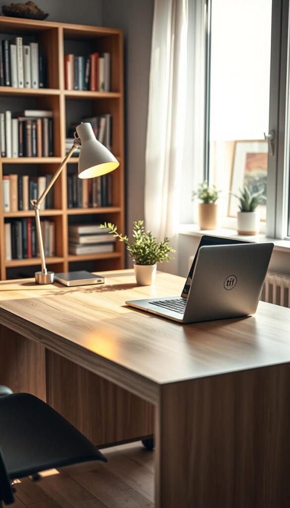 A modern office setup featuring a sleek, contemporary "schreibtisch" designed for focus and productivity. The desk is made of light wood with a minimalist design, adorned with a stylish laptop, an elegant desk lamp emitting warm light, and a small indoor plant for a touch of greenery. In the background, there are softly blurred bookshelves filled with neatly arranged books and decor items. Sunlight streams through a nearby window, casting gentle shadows and enhancing the cozy atmosphere. The image captures a professional yet inviting workspace, resonating with the Pinterest aesthetic. This setup emphasizes the importance of desk size, shape, and features without any text or branding, except for a discreet logo of "TechKiste" on the laptop. A modern office setup featuring a sleek, contemporary "schreibtisch" designed for focus and productivity. The desk is made of light wood with a minimalist design, adorned with a stylish laptop, an elegant desk lamp emitting warm light, and a small indoor plant for a touch of greenery. In the background, there are softly blurred bookshelves filled with neatly arranged books and decor items. Sunlight streams through a nearby window, casting gentle shadows and enhancing the cozy atmosphere. The image captures a professional yet inviting workspace, resonating with the Pinterest aesthetic. This setup emphasizes the importance of desk size, shape, and features without any text or branding, except for a discreet logo of "TechKiste" on the laptop.