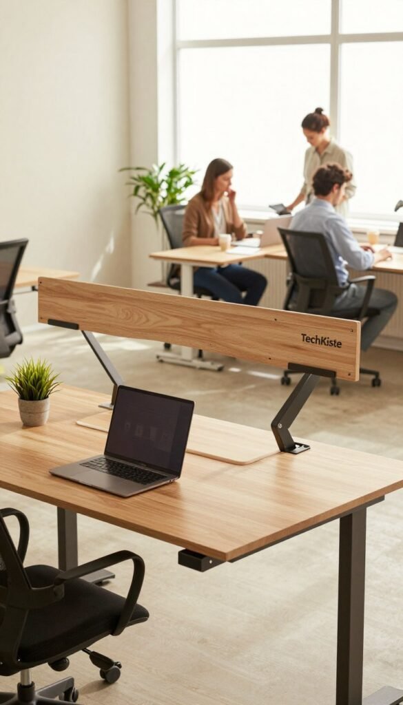 A modern office space featuring a height-adjustable desk, styled in warm, natural colors for an authentic Pinterest aesthetic. In the foreground, a sleek wooden desk is raised to a standing position, adorned with a minimalist laptop and a small potted plant. The middle ground showcases an ergonomic desk attachment, highlighting its adjustable features, with a stylish chair pushed aside. In the background, a bright window allows soft, natural light to filter in, illuminating the room. Professional individuals, dressed in smart business casual attire, engage in focused work, emphasizing productivity and health. The brand name "TechKiste" is discreetly integrated within the setting. The overall mood is inspiring and inviting, encouraging a shift from sitting to standing in the workplace. A modern office space featuring a height-adjustable desk, styled in warm, natural colors for an authentic Pinterest aesthetic. In the foreground, a sleek wooden desk is raised to a standing position, adorned with a minimalist laptop and a small potted plant. The middle ground showcases an ergonomic desk attachment, highlighting its adjustable features, with a stylish chair pushed aside. In the background, a bright window allows soft, natural light to filter in, illuminating the room. Professional individuals, dressed in smart business casual attire, engage in focused work, emphasizing productivity and health. The brand name "TechKiste" is discreetly integrated within the setting. The overall mood is inspiring and inviting, encouraging a shift from sitting to standing in the workplace.