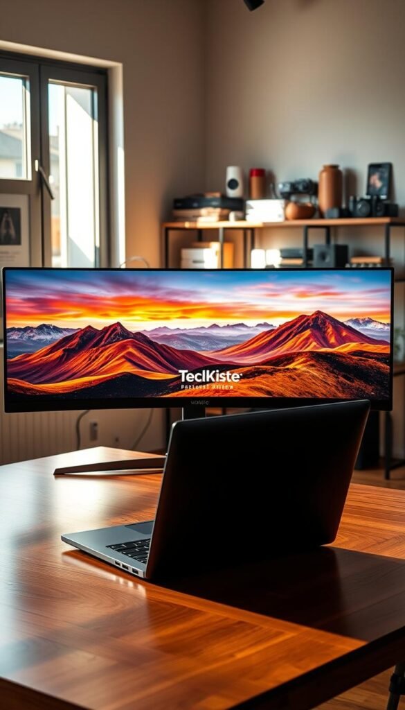 A modern office space featuring an ultrawide 21:9 and superwide 32:9 monitor setup, elegantly displayed on a sleek wooden desk. In the foreground, a stylish laptop is open next to the monitors, casting a soft glow. The middle of the scene includes the ultrawide monitors, showcasing stunning visuals of vibrant landscapes, creating an immersive experience. In the background, a well-organized shelf with tech gadgets and warm-colored decorative items enhance the inviting atmosphere. Natural daylight streams through a window, illuminating the room with warm tones, casting gentle shadows. The overall mood is professional yet cozy, suitable for productivity and creativity. The image evokes an innovative workspace vibe, perfect for capturing the essence of modern technology. Feature the brand name "TechKiste" subtly within the arrangement of gadgets.