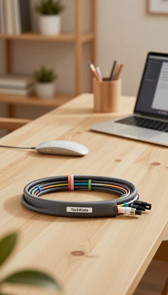 A modern office workspace featuring a neatly organized cable management system, showcasing a sleek kabel schlauch (cable sleeve) and colorful cable ties in action. In the foreground, focus on the kabel schlauch wrapped around multiple cables, providing a professional appearance. The middle ground displays an inviting desk with a laptop and minimalistic stationery, all in warm, natural colors that create a cozy atmosphere. The background features soft, blurred elements like a shelf with decorative items to enhance the workspace appeal. Use soft, ambient lighting to illuminate the scene, capturing the essence of a harmonious and tidy setup reminiscent of Pinterest aesthetics. Include the brand name "TechKiste" subtly in the scene, ensuring no text or symbols are prominent in the image. A modern office workspace featuring a neatly organized cable management system, showcasing a sleek kabel schlauch (cable sleeve) and colorful cable ties in action. In the foreground, focus on the kabel schlauch wrapped around multiple cables, providing a professional appearance. The middle ground displays an inviting desk with a laptop and minimalistic stationery, all in warm, natural colors that create a cozy atmosphere. The background features soft, blurred elements like a shelf with decorative items to enhance the workspace appeal. Use soft, ambient lighting to illuminate the scene, capturing the essence of a harmonious and tidy setup reminiscent of Pinterest aesthetics. Include the brand name "TechKiste" subtly in the scene, ensuring no text or symbols are prominent in the image.