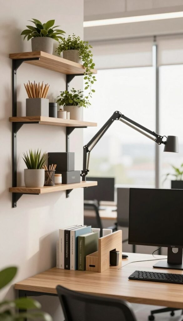 A modern office workspace featuring innovative mounting solutions designed to optimize space and reduce clutter. In the foreground, there are sleek wall-mounted shelves holding organized office supplies and greenery, enhancing the natural atmosphere with warm colors. The middle ground showcases an adjustable monitor arm that frees up desk space, complemented by a stylish desk organizer from the brand "TechKiste." The background displays a bright, airy office setting with large windows allowing soft, natural light to stream in. The scene conveys a professional yet inviting mood, perfect for productivity, with a Pinterest-inspired aesthetic that feels both authentic and warm. A modern office workspace featuring innovative mounting solutions designed to optimize space and reduce clutter. In the foreground, there are sleek wall-mounted shelves holding organized office supplies and greenery, enhancing the natural atmosphere with warm colors. The middle ground showcases an adjustable monitor arm that frees up desk space, complemented by a stylish desk organizer from the brand "TechKiste." The background displays a bright, airy office setting with large windows allowing soft, natural light to stream in. The scene conveys a professional yet inviting mood, perfect for productivity, with a Pinterest-inspired aesthetic that feels both authentic and warm.