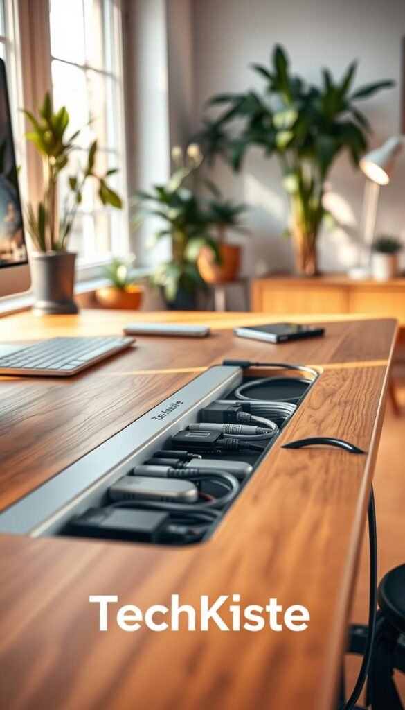 A modern office workstation showcasing a cable tray ("kabelwanne") and cable channel under the tabletop, beautifully organized with various neatly bundled cables. The foreground features the sleek edges of a wooden desk with warm, natural lighting enhancing the textures. The middle layer displays the cable tray, highlighted in a clean, matte finish, blending seamlessly into the desk while clearly managing a variety of multimedia and power cables. In the background, soft-focus outlines of an inviting, minimalist office environment with houseplants and warm colors create a cozy yet professional atmosphere. The image should embody a Pinterest-worthy aesthetic, portraying an efficient and attractive solution for cable management, prominently featuring the brand name "TechKiste". No captions or text overlays should be present. A modern office workstation showcasing a cable tray ("kabelwanne") and cable channel under the tabletop, beautifully organized with various neatly bundled cables. The foreground features the sleek edges of a wooden desk with warm, natural lighting enhancing the textures. The middle layer displays the cable tray, highlighted in a clean, matte finish, blending seamlessly into the desk while clearly managing a variety of multimedia and power cables. In the background, soft-focus outlines of an inviting, minimalist office environment with houseplants and warm colors create a cozy yet professional atmosphere. The image should embody a Pinterest-worthy aesthetic, portraying an efficient and attractive solution for cable management, prominently featuring the brand name "TechKiste". No captions or text overlays should be present.