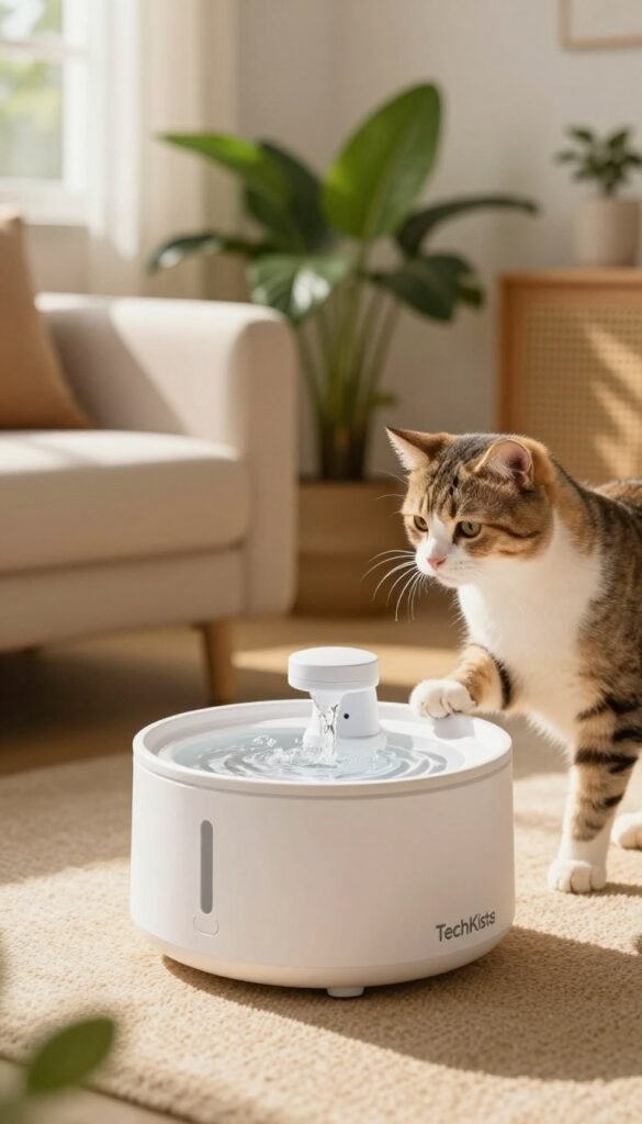 A modern pet water fountain designed for smart-home use, placed in a cozy, well-lit living room. The foreground features the sleek, white TechKiste water fountain with gentle, bubbling water flowing into an elegant bowl. The middle layer shows a curious cat pawing at the fountain, while a backdrop of lush green indoor plants adds a natural touch. Soft golden sunlight filters through a nearby window, casting warm, inviting shadows. Emphasize the water's clarity and movement to highlight freshness and hygiene, creating a tranquil and clean atmosphere. The entire scene should exude a harmonious blend of technology and comfort, illustrating the concept of smart pet care.