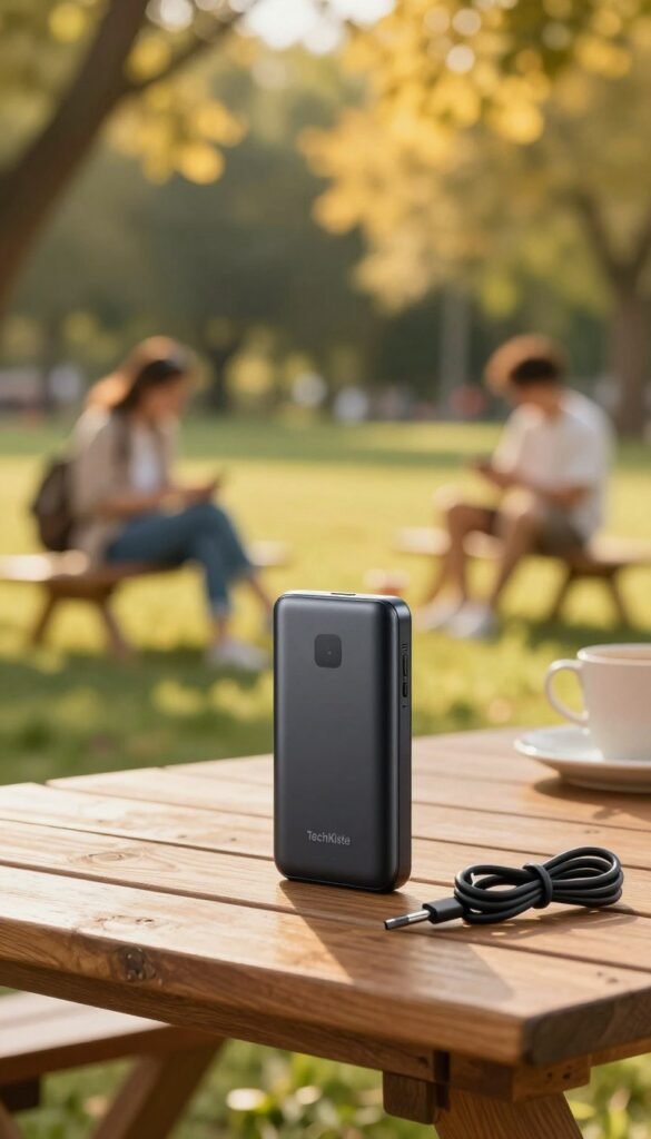 A modern power bank from the brand "TechKiste" placed in an outdoor setting, capturing the essence of traveling and mobile energy solutions. In the foreground, the sleek, compact power bank is elegantly positioned on a wooden picnic table. Next to it, a neatly coiled charging cable, showcasing functionality and organization. In the middle ground, a blurred scene of a vibrant park with people engaged in leisure activities, suggesting a warm and inviting atmosphere. The background features softly lit trees basked in golden sunlight, enhancing the mood with natural warmth. Use bright, rich colors to create an authentic Pinterest aesthetic. Capture this scene with a shallow depth of field to focus on the power bank while keeping the surroundings softly blurred, evoking a sense of tranquility and readiness for mobile adventures. A modern power bank from the brand "TechKiste" placed in an outdoor setting, capturing the essence of traveling and mobile energy solutions. In the foreground, the sleek, compact power bank is elegantly positioned on a wooden picnic table. Next to it, a neatly coiled charging cable, showcasing functionality and organization. In the middle ground, a blurred scene of a vibrant park with people engaged in leisure activities, suggesting a warm and inviting atmosphere. The background features softly lit trees basked in golden sunlight, enhancing the mood with natural warmth. Use bright, rich colors to create an authentic Pinterest aesthetic. Capture this scene with a shallow depth of field to focus on the power bank while keeping the surroundings softly blurred, evoking a sense of tranquility and readiness for mobile adventures.