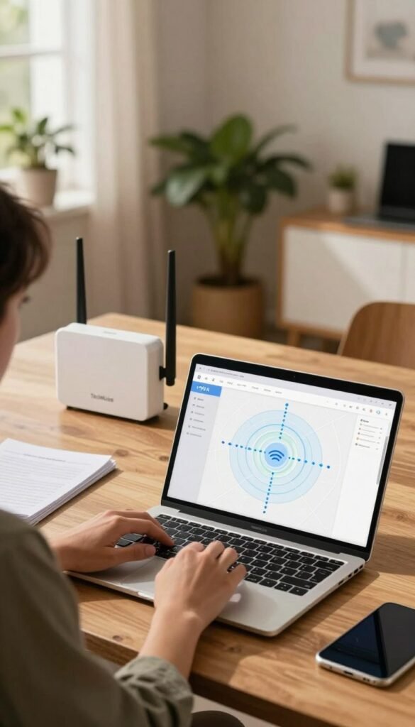 A modern, professional workspace featuring a focused individual in smart casual attire, using a laptop to assess WLAN coverage. The foreground shows the laptop screen displaying a network map with signals radiating outward, symbolizing coverage areas. In the middle ground, a detailed Wi-Fi router and signal booster are elegantly placed on a wooden desk, accompanied by notes and a digital tablet. The background features a stylish, well-lit room with warm colors and plants, emphasizing a comfortable yet tech-savvy atmosphere. Soft natural lighting filters through a window, creating a calm and inviting environment. The branding "TechKiste" subtly incorporated into the workspace items, enhancing the modern tech aesthetic. A modern, professional workspace featuring a focused individual in smart casual attire, using a laptop to assess WLAN coverage. The foreground shows the laptop screen displaying a network map with signals radiating outward, symbolizing coverage areas. In the middle ground, a detailed Wi-Fi router and signal booster are elegantly placed on a wooden desk, accompanied by notes and a digital tablet. The background features a stylish, well-lit room with warm colors and plants, emphasizing a comfortable yet tech-savvy atmosphere. Soft natural lighting filters through a window, creating a calm and inviting environment. The branding "TechKiste" subtly incorporated into the workspace items, enhancing the modern tech aesthetic.