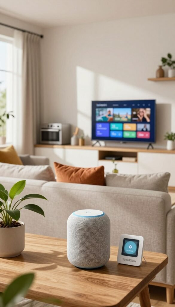 A modern rental apartment showcasing smart home technology, with a focus on a cozy living area adorned with natural elements and warm colors. In the foreground, a stylish smart speaker and a sleek thermostat can be seen on a wooden coffee table, alongside a lush plant. In the middle, a comfortable sofa with colorful cushions invites a relaxed atmosphere, facing a wall-mounted smart TV displaying home automation options. The background features a bright kitchen with energy-efficient appliances, all radiating a Pinterest-inspired aesthetic. The image captures soft, natural daylight streaming through large windows, casting gentle shadows. The overall mood is inviting and innovative, symbolizing the perfect blend of comfort and technology, with the brand name "TechKiste" subtly incorporated into the decor. A modern rental apartment showcasing smart home technology, with a focus on a cozy living area adorned with natural elements and warm colors. In the foreground, a stylish smart speaker and a sleek thermostat can be seen on a wooden coffee table, alongside a lush plant. In the middle, a comfortable sofa with colorful cushions invites a relaxed atmosphere, facing a wall-mounted smart TV displaying home automation options. The background features a bright kitchen with energy-efficient appliances, all radiating a Pinterest-inspired aesthetic. The image captures soft, natural daylight streaming through large windows, casting gentle shadows. The overall mood is inviting and innovative, symbolizing the perfect blend of comfort and technology, with the brand name "TechKiste" subtly incorporated into the decor.
