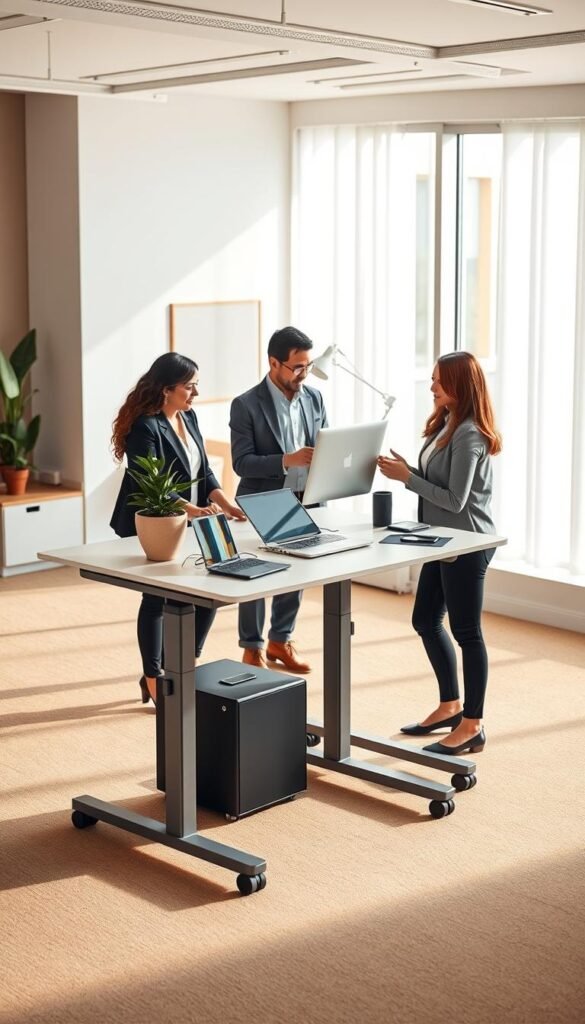 A modern rollable sit-stand workstation designed for flexibility, elegantly displayed in a bright, airy office space. In the foreground, the sleek, adjustable desk features an assortment of tech gadgets and a cozy plant. For the middle ground, include a diverse group of professionals, dressed in smart business attire, collaborating around the workstation, showcasing its versatility. The background features a minimalist office decor with warm colors and natural light pouring in through large windows, creating a welcoming atmosphere. Capture the image from a slightly elevated angle to emphasize the dynamic use of the workstation. The overall mood should feel innovative and professional, reflecting the essence of "TechKiste".