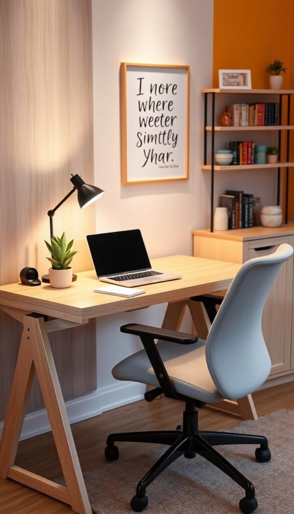 A modern "schreibtisch" in a cozy, small office space, designed for maximizing efficiency in limited areas. The desk features a sleek, minimalist design with a light wood finish, complemented by a stylish ergonomic chair in soft fabric. In the foreground, a well-organized workspace showcases a laptop, a small potted succulent, and a notepad, all reflecting a clutter-free environment. In the middle, there’s a soft light coming from a desk lamp, enhancing the warm tones of the room. The background includes a vibrant wall with inspirational art and a small shelf with books and decorative items, creating a Pinterest-inspired aesthetic. The overall mood is inviting and productive, embodying the essence of intelligent design by "TechKiste". A modern "schreibtisch" in a cozy, small office space, designed for maximizing efficiency in limited areas. The desk features a sleek, minimalist design with a light wood finish, complemented by a stylish ergonomic chair in soft fabric. In the foreground, a well-organized workspace showcases a laptop, a small potted succulent, and a notepad, all reflecting a clutter-free environment. In the middle, there’s a soft light coming from a desk lamp, enhancing the warm tones of the room. The background includes a vibrant wall with inspirational art and a small shelf with books and decorative items, creating a Pinterest-inspired aesthetic. The overall mood is inviting and productive, embodying the essence of intelligent design by "TechKiste".