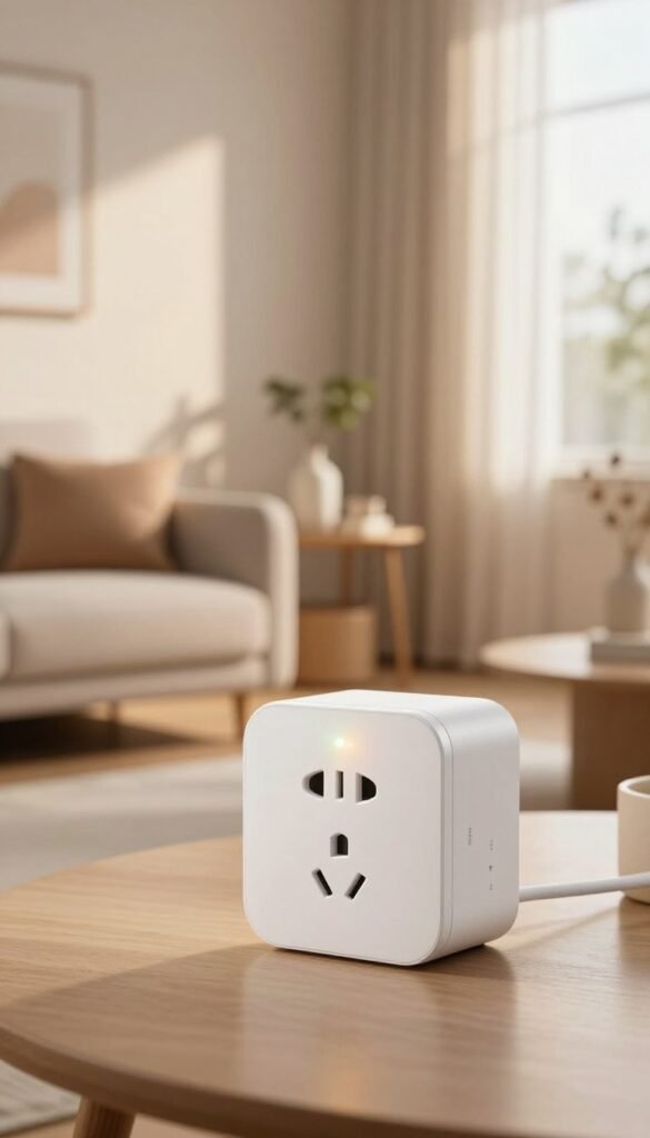 A modern, sleek WLAN smart socket from the brand "TechKiste" prominently placed in the foreground. The device features a minimalist design with a compact size, showcasing the smart plug's LED indicator lights glowing softly in warm hues. In the middle ground, a contemporary living room is visible, with tasteful furniture, such as a stylish couch and a small side table adorned with decorative items. The background includes a softly lit window that bathes the room in natural sunlight, creating a cozy ambiance. The entire atmosphere is warm and inviting, reflecting a Pinterest-inspired aesthetic. The image is captured with a shallow depth of field, giving focus to the smart socket while gently blurring the surroundings, ensuring clarity without any text or watermarks. A modern, sleek WLAN smart socket from the brand "TechKiste" prominently placed in the foreground. The device features a minimalist design with a compact size, showcasing the smart plug's LED indicator lights glowing softly in warm hues. In the middle ground, a contemporary living room is visible, with tasteful furniture, such as a stylish couch and a small side table adorned with decorative items. The background includes a softly lit window that bathes the room in natural sunlight, creating a cozy ambiance. The entire atmosphere is warm and inviting, reflecting a Pinterest-inspired aesthetic. The image is captured with a shallow depth of field, giving focus to the smart socket while gently blurring the surroundings, ensuring clarity without any text or watermarks.