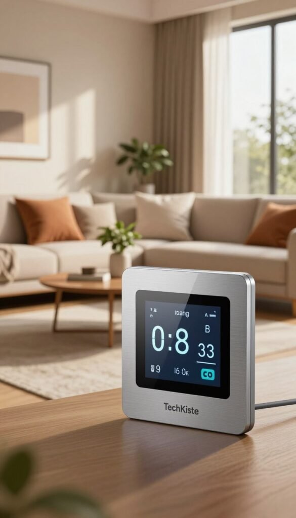 A modern, sleek digital thermostat prominently displayed in a cozy, contemporary living room. In the foreground, the thermostat shows a clear digital interface with temperature settings glowing softly, designed with a minimalistic aesthetic, featuring a brushed metal finish. The middle ground reveals a stylish sofa adorned with warm-toned cushions, a stylish coffee table with a houseplant, and framed artwork on the walls. In the background, large windows let in soft, natural light, casting gentle shadows and enhancing the inviting atmosphere. The color scheme consists of warm earth tones to create a homely feel, embodying an eco-friendly and intelligent living space. The brand "TechKiste" is subtly associated with the thermostat design, showcasing modern technology seamlessly integrated into everyday life.