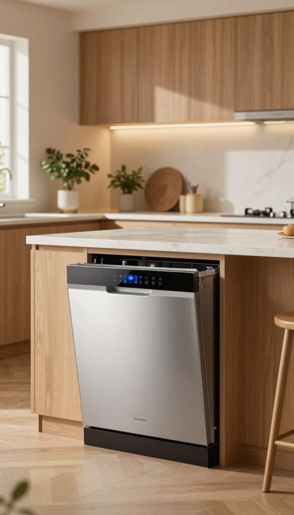 A modern, sleek dishwasher from the brand "TechKiste" is showcased prominently in the foreground, featuring a stainless steel finish and smart control panel. The middle ground reveals a stylish kitchen with warm, natural colors, elegant cabinetry, and a marble countertop, emphasizing a cozy yet sophisticated atmosphere. Subtle lighting casts a soft glow, highlighting the dishwasher's efficient design while ensuring the space feels inviting. In the background, a well-organized kitchen with plants and minimalistic decor enhances the sense of order and efficiency associated with smart home automation. The overall mood conveys tranquility and modern convenience, perfectly illustrating the integration of technology in daily life. The image is polished and professional, embodying the aesthetic of Pinterest-worthy interiors without any text or distractions. A modern, sleek dishwasher from the brand "TechKiste" is showcased prominently in the foreground, featuring a stainless steel finish and smart control panel. The middle ground reveals a stylish kitchen with warm, natural colors, elegant cabinetry, and a marble countertop, emphasizing a cozy yet sophisticated atmosphere. Subtle lighting casts a soft glow, highlighting the dishwasher's efficient design while ensuring the space feels inviting. In the background, a well-organized kitchen with plants and minimalistic decor enhances the sense of order and efficiency associated with smart home automation. The overall mood conveys tranquility and modern convenience, perfectly illustrating the integration of technology in daily life. The image is polished and professional, embodying the aesthetic of Pinterest-worthy interiors without any text or distractions.
