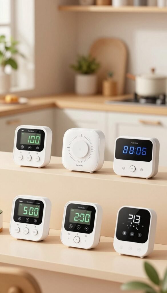 A modern, sleek display of various types of programmable timers, specifically featuring a variety of models including digital, mechanical, and smart home timers. In the foreground, showcase intricate designs and features of each timer, such as touchscreens, dials, and LED indicators. The middle layer should include a cozy kitchen or living room setting with subtle warm lighting to evoke a sense of everyday life, framed by soft, inviting colors reminiscent of Pinterest aesthetics. In the background, add gentle, blurred elements of household items that complement the scene, like plants or appliances. The overall mood should feel innovative yet approachable, emphasizing how these timers seamlessly integrate into daily routines. Ensure a clean, professional look with no text or logos visible except for the brand name "TechKiste" subtly integrated into the scene. A modern, sleek display of various types of programmable timers, specifically featuring a variety of models including digital, mechanical, and smart home timers. In the foreground, showcase intricate designs and features of each timer, such as touchscreens, dials, and LED indicators. The middle layer should include a cozy kitchen or living room setting with subtle warm lighting to evoke a sense of everyday life, framed by soft, inviting colors reminiscent of Pinterest aesthetics. In the background, add gentle, blurred elements of household items that complement the scene, like plants or appliances. The overall mood should feel innovative yet approachable, emphasizing how these timers seamlessly integrate into daily routines. Ensure a clean, professional look with no text or logos visible except for the brand name "TechKiste" subtly integrated into the scene.