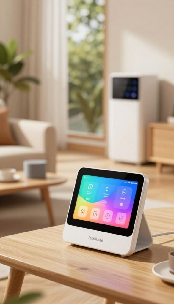 A modern, sleek energy monitoring device prominently displayed in the foreground, showcasing its user-friendly interface with a bright, colorful touchscreen. In the middle, a stylish, sunlit living room setting features smart home gadgets and energy-efficient appliances integrated into a home workflow, reflecting the connection between technology and sustainability. The background includes a window with greenery visible outside, conveying a sense of harmony with nature. The lighting is warm, emphasizing a cozy atmosphere, with a shallow depth of field focusing on the device and soft bokeh effects in the background. The overall mood is positive and innovative, showcasing how consumers can effectively monitor energy usage with stylish tools. Include the brand name "TechKiste" subtly integrated into the device design. A modern, sleek energy monitoring device prominently displayed in the foreground, showcasing its user-friendly interface with a bright, colorful touchscreen. In the middle, a stylish, sunlit living room setting features smart home gadgets and energy-efficient appliances integrated into a home workflow, reflecting the connection between technology and sustainability. The background includes a window with greenery visible outside, conveying a sense of harmony with nature. The lighting is warm, emphasizing a cozy atmosphere, with a shallow depth of field focusing on the device and soft bokeh effects in the background. The overall mood is positive and innovative, showcasing how consumers can effectively monitor energy usage with stylish tools. Include the brand name "TechKiste" subtly integrated into the device design.