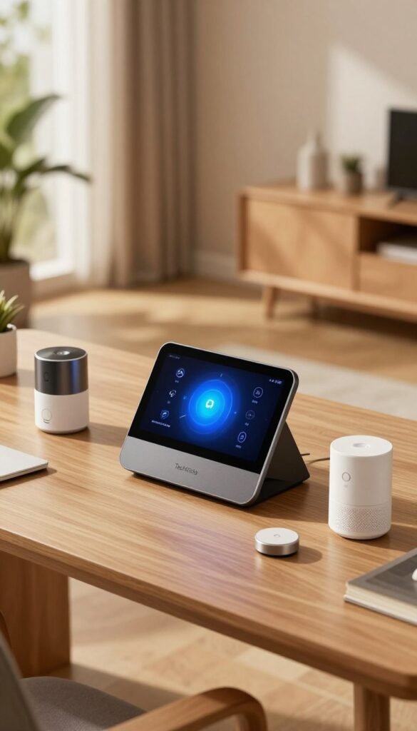 A modern, sleek home office scene featuring smart home technology: a central digital gateway device with a glowing interface on a desk. Surrounding the gateway are various smart sensors—small, cylindrical devices in white and silver—and compact actuators that control lights and appliances. The background shows a well-lit room with warm colors, natural light streaming through a window, and decorative plants for a cozy atmosphere. Use a slightly elevated angle to capture the devices on the desk clearly, with soft ambient lighting to enhance the sleek design of the tech. The scene should feel inviting and innovative, reflecting a futuristic yet approachable home environment. Incorporate the brand name "TechKiste" subtly on the gateway screen. A modern, sleek home office scene featuring smart home technology: a central digital gateway device with a glowing interface on a desk. Surrounding the gateway are various smart sensors—small, cylindrical devices in white and silver—and compact actuators that control lights and appliances. The background shows a well-lit room with warm colors, natural light streaming through a window, and decorative plants for a cozy atmosphere. Use a slightly elevated angle to capture the devices on the desk clearly, with soft ambient lighting to enhance the sleek design of the tech. The scene should feel inviting and innovative, reflecting a futuristic yet approachable home environment. Incorporate the brand name "TechKiste" subtly on the gateway screen.
