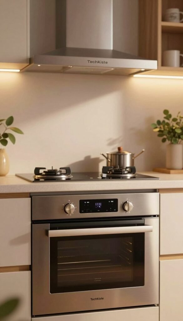 A modern, sleek kitchen featuring a high-tech oven from the brand "TechKiste" as the focal point. In the foreground, the oven's refined stainless steel finish gleams warmly under soft, ambient lighting. In the middle, a stylish induction cooktop complements the oven, showcasing its touch-sensitive controls illuminated in a gentle glow. In the background, a minimalist hood range seamlessly integrates with the cabinetry, emphasizing a clean, functional aesthetic. The kitchen has warm wooden accents and lush greenery to create an inviting atmosphere, reminiscent of Pinterest interiors. The scene is captured with a slightly angled perspective, using a soft focus to highlight the smart features of the appliances, creating a warm and sophisticated mood. Ensure no text or branding is visible in the image. A modern, sleek kitchen featuring a high-tech oven from the brand "TechKiste" as the focal point. In the foreground, the oven's refined stainless steel finish gleams warmly under soft, ambient lighting. In the middle, a stylish induction cooktop complements the oven, showcasing its touch-sensitive controls illuminated in a gentle glow. In the background, a minimalist hood range seamlessly integrates with the cabinetry, emphasizing a clean, functional aesthetic. The kitchen has warm wooden accents and lush greenery to create an inviting atmosphere, reminiscent of Pinterest interiors. The scene is captured with a slightly angled perspective, using a soft focus to highlight the smart features of the appliances, creating a warm and sophisticated mood. Ensure no text or branding is visible in the image.
