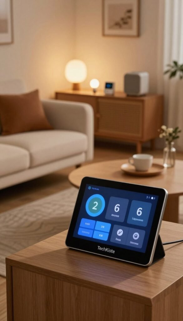 A modern, sleek smart home system displayed in a cozy living room setting. In the foreground, a stylish touchscreen control panel highlights various smart home features, such as lighting, security, and climate control, branded with "TechKiste." In the middle, a comfortable sofa and coffee table create an inviting atmosphere, with warm, natural colors like soft browns and creams. In the background, smart devices like intelligent light bulbs, a smart thermostat, and a connected speaker accentuate the tech integration seamlessly. The room is illuminated by soft, ambient lighting, creating a calm, cozy mood. The perspective is from a slightly elevated angle, capturing both the tech elements and the homey feel, reminiscent of inviting spaces found on Pinterest. A modern, sleek smart home system displayed in a cozy living room setting. In the foreground, a stylish touchscreen control panel highlights various smart home features, such as lighting, security, and climate control, branded with "TechKiste." In the middle, a comfortable sofa and coffee table create an inviting atmosphere, with warm, natural colors like soft browns and creams. In the background, smart devices like intelligent light bulbs, a smart thermostat, and a connected speaker accentuate the tech integration seamlessly. The room is illuminated by soft, ambient lighting, creating a calm, cozy mood. The perspective is from a slightly elevated angle, capturing both the tech elements and the homey feel, reminiscent of inviting spaces found on Pinterest.