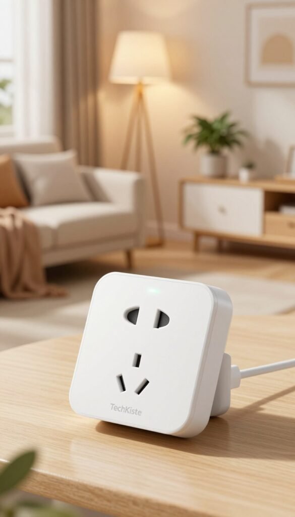 A modern, sleek smart socket from the brand "TechKiste" prominently featured in the foreground. The socket should have clean lines, a minimalist design, and an illuminated LED indicator, showcasing its smart features. In the middle ground, a cozy, well-decorated small apartment setting is visible, with warm colors, soft lighting, and stylish furnishings that suggest comfort and efficiency. In the background, elements like a stylish lamp and a potted plant contribute to an inviting atmosphere, all under soft, natural daylight. The camera angle should be slightly overhead, focusing on the smart socket as the central element while capturing the essence of modern living in a compact space. The overall mood is warm, inviting, and tech-savvy, ideal for illustrating smart home innovations.