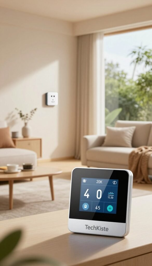 A modern, sleek smart thermostat labeled "TechKiste" prominently displayed in the foreground. The thermostat features a digital display showing energy-saving settings. In the middle ground, a stylish, minimalistic living room with a cozy atmosphere, featuring warm color palettes, soft lighting, and tasteful decor, symbolizes comfort and energy efficiency. A smart power outlet can be seen on a nearby wall, subtly integrated into the design. The background reveals a large window with natural light streaming in, highlighting the lush greenery outside. The overall mood is inviting and serene, showcasing a harmonious blend of technology and home comfort in an authentic, Pinterest-inspired aesthetic. A modern, sleek smart thermostat labeled "TechKiste" prominently displayed in the foreground. The thermostat features a digital display showing energy-saving settings. In the middle ground, a stylish, minimalistic living room with a cozy atmosphere, featuring warm color palettes, soft lighting, and tasteful decor, symbolizes comfort and energy efficiency. A smart power outlet can be seen on a nearby wall, subtly integrated into the design. The background reveals a large window with natural light streaming in, highlighting the lush greenery outside. The overall mood is inviting and serene, showcasing a harmonious blend of technology and home comfort in an authentic, Pinterest-inspired aesthetic.