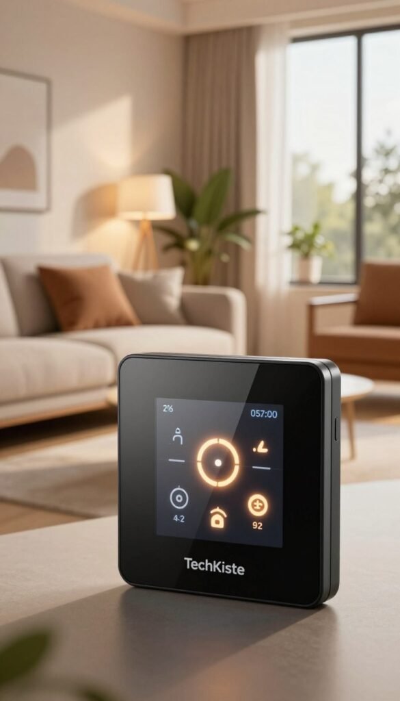 A modern, sleek thermostat displayed prominently in the foreground, designed with a minimalist aesthetic and a glossy black finish. The interface shows a digital temperature reading and eco-friendly symbols glowing softly in warm colors. In the middle ground, a stylish living room setting with soft, ambient lighting and cozy furnishings, reflecting a smart home environment, including smart devices and tasteful décor. In the background, large windows invite natural sunlight, complemented by green indoor plants, creating a warm, inviting atmosphere. The brand name "TechKiste" subtly integrated into the scene, ensuring a professional presentation. The overall mood conveys innovation and warmth, embodying the concept of a smart heating system without distractions or clutter. A modern, sleek thermostat displayed prominently in the foreground, designed with a minimalist aesthetic and a glossy black finish. The interface shows a digital temperature reading and eco-friendly symbols glowing softly in warm colors. In the middle ground, a stylish living room setting with soft, ambient lighting and cozy furnishings, reflecting a smart home environment, including smart devices and tasteful décor. In the background, large windows invite natural sunlight, complemented by green indoor plants, creating a warm, inviting atmosphere. The brand name "TechKiste" subtly integrated into the scene, ensuring a professional presentation. The overall mood conveys innovation and warmth, embodying the concept of a smart heating system without distractions or clutter.