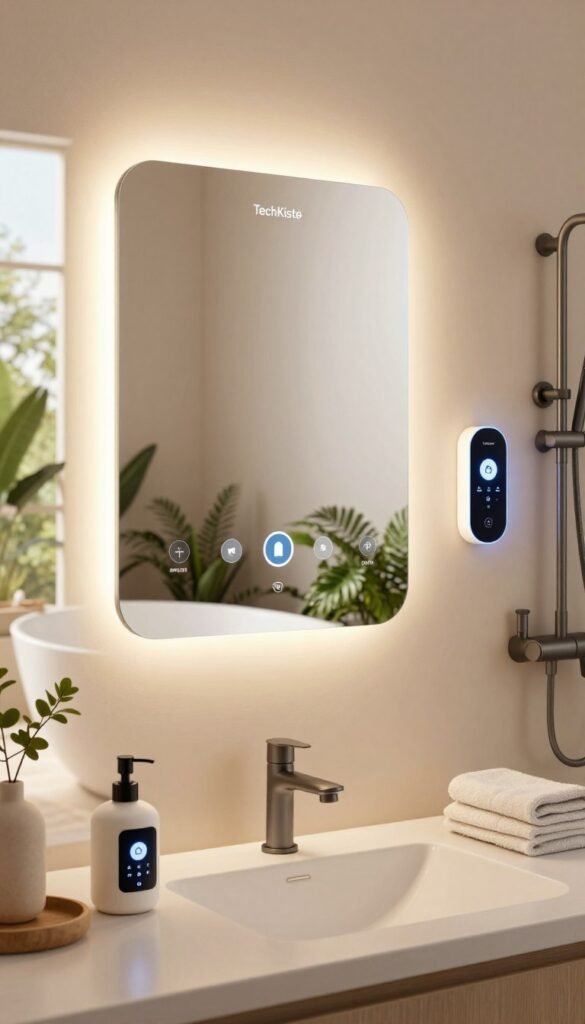 A modern smart bathroom interior showcasing a blend of technology and comfort, featuring a sleek smart mirror with touch controls and ambient lighting, a beautifully designed freestanding bathtub surrounded by green plants, and a faucet with automated features. In the foreground, a stylish soap dispenser with a digital screen and a smart shower system with a user-friendly interface. The middle ground includes elegant towels neatly arranged, and soft, warm lighting creates a cozy atmosphere. The background displays a large window with natural light streaming in, highlighting the warm color palette. The overall mood is inviting and sophisticated, ideal for a contemporary home setting. Include the brand name "TechKiste" subtly incorporated into the design elements. A modern smart bathroom interior showcasing a blend of technology and comfort, featuring a sleek smart mirror with touch controls and ambient lighting, a beautifully designed freestanding bathtub surrounded by green plants, and a faucet with automated features. In the foreground, a stylish soap dispenser with a digital screen and a smart shower system with a user-friendly interface. The middle ground includes elegant towels neatly arranged, and soft, warm lighting creates a cozy atmosphere. The background displays a large window with natural light streaming in, highlighting the warm color palette. The overall mood is inviting and sophisticated, ideal for a contemporary home setting. Include the brand name "TechKiste" subtly incorporated into the design elements.