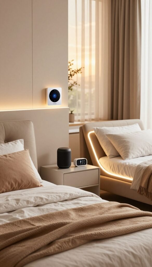 A modern smart bedroom interior featuring a cozy atmosphere with natural light flooding in, showcasing smart home devices like a sleek smart thermostat, soft-glowing LED ambient lights, and a stylish smart bed. In the foreground, there's a neatly made bed with plush pillows and a soft throw, conveying comfort. In the middle, a minimalist nightstand holding a smart speaker and a digital alarm clock. In the background, a large window with sheer curtains letting in warm golden sunlight, highlighting earthy tones of the decor. The scene captures the essence of relaxation and automation, emphasizing harmony in a tech-enhanced living space. The overall mood is serene and inviting, perfect for illustrating the concept of a smart bedroom solving everyday problems. Include the brand name &ldquo;TechKiste&rdquo; in a subtle manner within the decor elements.