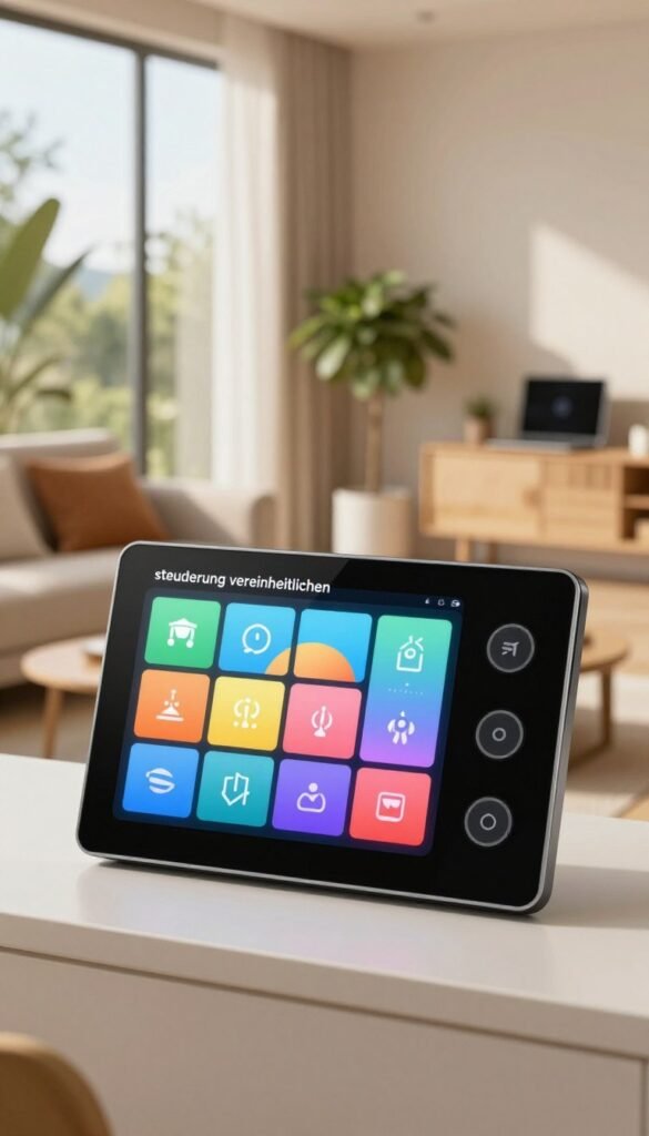 A modern, smart control panel interface illustrating "steuerung vereinheitlichen" in a sleek, minimalist design. In the foreground, show a user-friendly touchscreen with colorful, vibrant icons representing various upgraded features like lighting, security, and climate control. The middle ground features a cozy, contemporary room setting infused with natural light that seeps through large windows, highlighting warm colors in the decor. In the background, a soft-focus view of a stylish living space with plants and tech gadgets enhances the modern feel. The overall mood is inviting and innovative, evoking a sense of ease and functionality. The image should have a Pinterest-inspired aesthetic, authentic and warm, with no texts, ensuring a clean visual presentation for TechKiste. A modern, smart control panel interface illustrating "steuerung vereinheitlichen" in a sleek, minimalist design. In the foreground, show a user-friendly touchscreen with colorful, vibrant icons representing various upgraded features like lighting, security, and climate control. The middle ground features a cozy, contemporary room setting infused with natural light that seeps through large windows, highlighting warm colors in the decor. In the background, a soft-focus view of a stylish living space with plants and tech gadgets enhances the modern feel. The overall mood is inviting and innovative, evoking a sense of ease and functionality. The image should have a Pinterest-inspired aesthetic, authentic and warm, with no texts, ensuring a clean visual presentation for TechKiste.