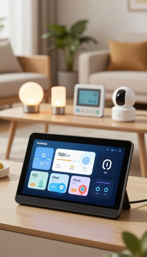 A modern smart home control center featuring a sleek, minimalist design. In the foreground, a stylish dashboard interface displays various home automation options related to lighting, temperature, and security. The middle layer includes a variety of smart devices such as smart bulbs, a thermostat, and a security camera, all elegantly integrated into a cozy living room setting with warm colors and natural light. In the background, soft furniture and indoor plants create a welcoming atmosphere. Capture this scene with a soft-focus lens to enhance the inviting vibe, emphasizing a warm and tech-savvy environment. The image embodies the essence of a centralized home control system, reflecting the brand identity of "TechKiste" with authenticity and a Pinterest-inspired aesthetic.