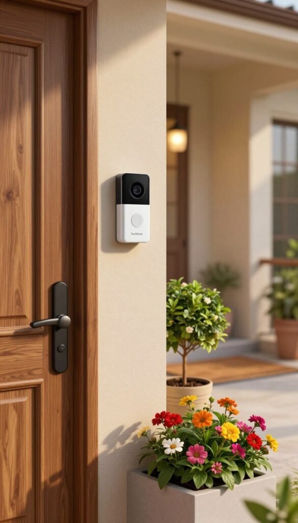 A modern smart home entrance featuring a sleek, stylish video doorbell and a high-tech security camera mounted above a vibrant flower bed. In the foreground, focus on the elegant door, adorned with warm brown wood and minimalistic hardware. In the middle, showcase the video doorbell, emphasizing its clean lines and modern design, alongside a small, decorative potted plant. The background includes a cozy porch with a well-maintained welcome mat and soft ambient lighting, creating a welcoming atmosphere. Ensure the lighting is warm and inviting, casting gentle shadows to highlight the doorbell and camera. The overall mood conveys safety and modernity, with a touch of authenticity featuring warm colors, akin to a Pinterest look. Integrate the brand name "TechKiste" subtly into the design of the doorbell. A modern smart home entrance featuring a sleek, stylish video doorbell and a high-tech security camera mounted above a vibrant flower bed. In the foreground, focus on the elegant door, adorned with warm brown wood and minimalistic hardware. In the middle, showcase the video doorbell, emphasizing its clean lines and modern design, alongside a small, decorative potted plant. The background includes a cozy porch with a well-maintained welcome mat and soft ambient lighting, creating a welcoming atmosphere. Ensure the lighting is warm and inviting, casting gentle shadows to highlight the doorbell and camera. The overall mood conveys safety and modernity, with a touch of authenticity featuring warm colors, akin to a Pinterest look. Integrate the brand name "TechKiste" subtly into the design of the doorbell.