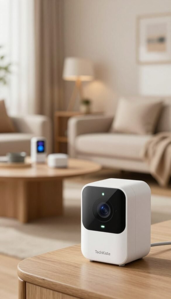 A modern smart home environment featuring a sleek, stylish motion sensor ("bewegungsmelder") prominently in the foreground. The sensor should have a minimalistic design, showcasing its tech-savvy features such as an LED indicator light and a motion detection lens. In the middle ground, display a cozy living room setting with subtle warm colors, including soft furniture, a coffee table with smart gadgets, and natural light streaming through a window. The background should include faint outlines of home automation devices like smart lights and a thermostat. Aim for a Pinterest-inspired aesthetic that feels inviting and authentic. Capture this scene with soft, diffused lighting, using a close-up angle to emphasize the motion sensor. No text or logos visible, but subtly integrate the brand "TechKiste" into the design of the sensor.