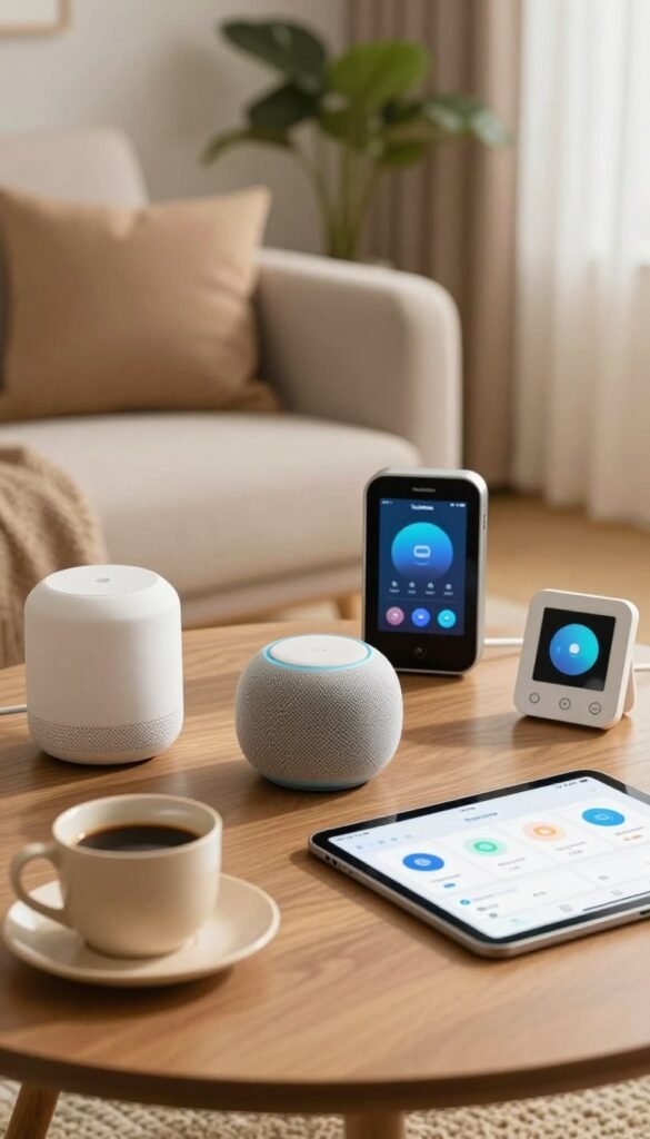 A modern smart home environment featuring various voice assistant devices, such as a stylish smart speaker, a sleek digital display, and a connected thermostat, all arranged on a cozy living room table. In the foreground, there's a warm, inviting coffee cup alongside a tablet showing a home automation app. The middle of the image highlights the devices with soft, diffused lighting, creating a relaxed atmosphere. In the background, a comfortable couch and greenery add to the inviting ambiance. The overall composition should invoke a sense of ease and frustration-free interaction with technology. Use warm colors to enhance the natural and authentic Pinterest-like aesthetic. Include a subtle, elegant reference to the brand name "TechKiste" on the digital display.