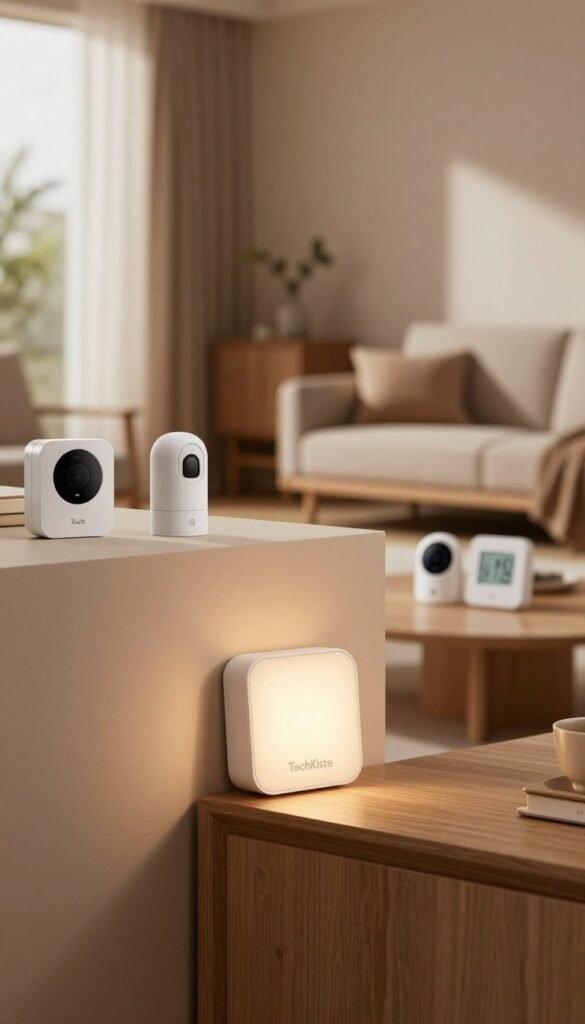 A modern smart home environment showcasing various sensors in action. In the foreground, a sleek smart temperature sensor mounted on a wall, exuding a warm glow. In the middle ground, several other types of sensors, including motion detectors and humidity sensors, discreetly integrated into stylish furniture. Natural light filters through a window, casting soft shadows and creating an inviting atmosphere. The background features a contemporary living room with minimalist design elements, emphasizing a harmonious blend of technology and comfort. Warm, earthy tones dominate the color palette, accentuating an authentic, homely feel. The product brand "TechKiste" subtly integrated into the scene, giving it a touch of professionalism. Focused on capturing a sense of innovation and comfort without any human subjects or text in the image. A modern smart home environment showcasing various sensors in action. In the foreground, a sleek smart temperature sensor mounted on a wall, exuding a warm glow. In the middle ground, several other types of sensors, including motion detectors and humidity sensors, discreetly integrated into stylish furniture. Natural light filters through a window, casting soft shadows and creating an inviting atmosphere. The background features a contemporary living room with minimalist design elements, emphasizing a harmonious blend of technology and comfort. Warm, earthy tones dominate the color palette, accentuating an authentic, homely feel. The product brand "TechKiste" subtly integrated into the scene, giving it a touch of professionalism. Focused on capturing a sense of innovation and comfort without any human subjects or text in the image.
