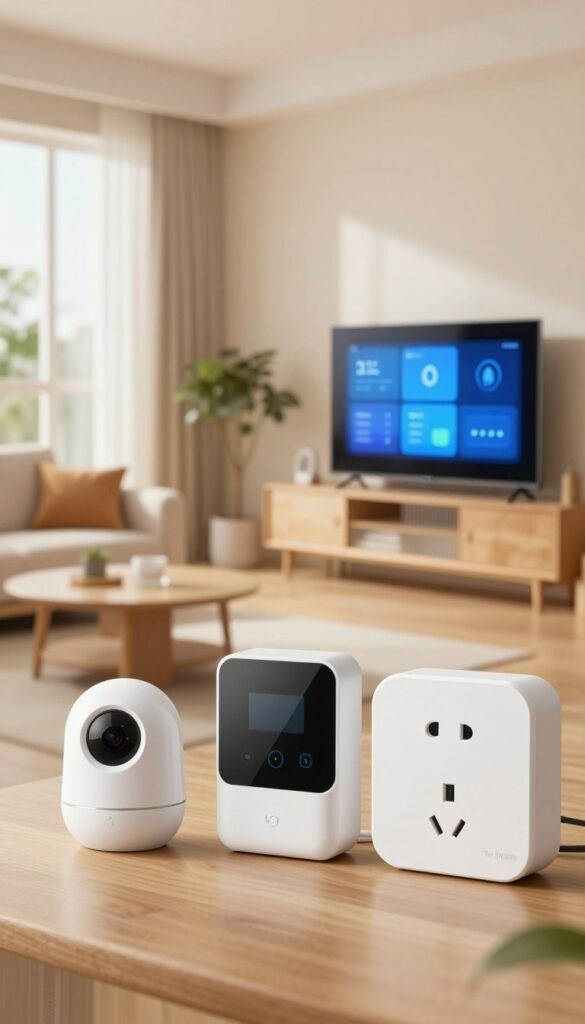 A modern smart home environment showcasing various sensors integrated within a stylish living space. In the foreground, close-up views of smart sensors like motion detectors, temperature sensors, and smart plugs, all designed with sleek aesthetics. The middle ground features a cozy room filled with warm colors, highlighting a smart display that indicates connection status and routines. In the background, large windows allow natural light to flood the room, enhancing the inviting atmosphere. The use of a soft focus lens creates a dreamy effect, while the overall mood is warm and welcoming, embodying the essence of a connected home. Subtly incorporate the brand name "TechKiste" into the design elements of the smart display. Authentic and Pinterest-style imagery without any text or overlays.