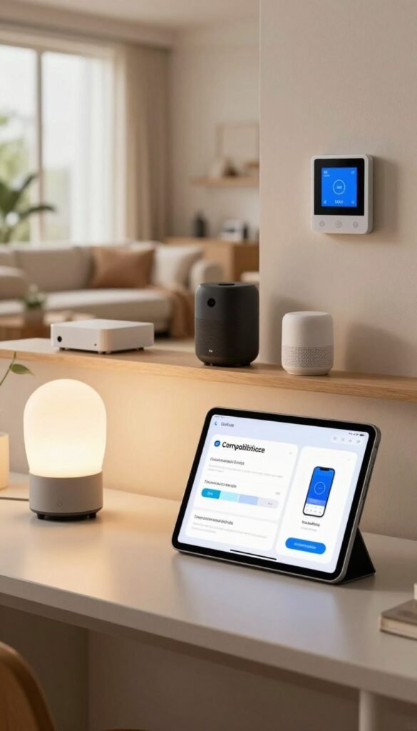 A modern, smart home environment showcasing various smart devices and technologies. In the foreground, a stylish tablet displays compatibility checks for smart home devices, positioned on a sleek countertop. To the left, a home assistant device sits next to a smart light bulb, its soft glow enhancing the warm ambiance. In the middle, a cozy living room features smart speakers and a digital thermostat on the wall. The background showcases large windows allowing natural light to flood in, emphasizing a harmonious blend of technology and everyday life. The overall mood is inviting and efficient, with an emphasis on a seamless connection among devices. The scene should embody a natural, Pinterest-inspired aesthetic featuring warm colors. Include a discreet branding element that says "TechKiste".