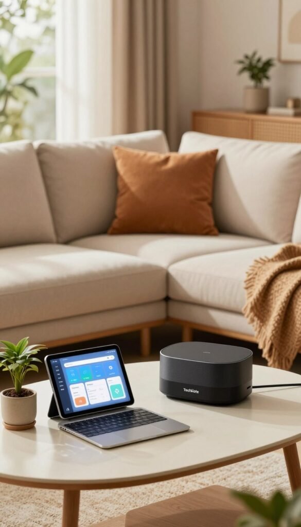 A modern smart home hub setup in a stylish living room, showcasing a sleek TechKiste device on a minimalist coffee table. In the foreground, there's a neatly arranged tablet displaying a smart home interface, surrounded by potted plants and a cozy throw blanket. The middle ground features a comfortable sectional sofa with cushions in warm, inviting colors, creating a welcoming atmosphere. Large windows in the background let in soft, natural light, accentuating the room's warm tones and creating a sense of tranquility. The image captures an organized and harmonious smart home environment, evoking a feeling of modern convenience and efficiency, with a Pinterest-inspired aesthetic that emphasizes authenticity and warmth.