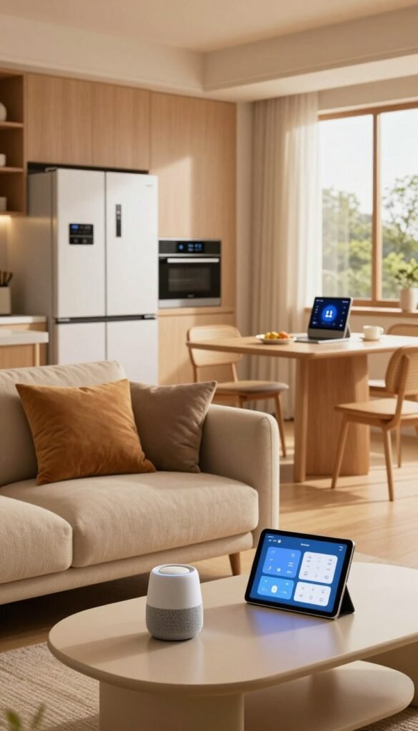 A modern smart home interior featuring a cozy living room with warm colors and an inviting atmosphere. In the foreground, a stylish sofa adorned with plush cushions, a smart speaker on a sleek coffee table, and a tablet showcasing home automation controls. The middle ground reveals a dining area with connected appliances, such as a smart refrigerator and a cooktop with a touchscreen interface, elegantly integrated into the decor. In the background, large windows allow natural light to flood in, creating a harmonious connection with the outdoors. Soft, ambient lighting enhances the serene mood, reminiscent of Pinterest-worthy aesthetics. The scene emphasizes the benefits of automation in creating a calm and organized environment, and includes the logo of "TechKiste" subtly displayed on a digital screen.