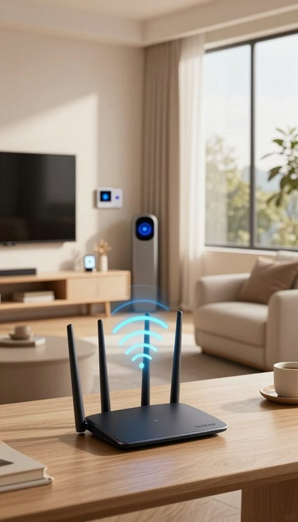 A modern smart home interior featuring a sleek, organized workspace with advanced Wi-Fi technology prominently displayed. In the foreground, a stylish router emits signals represented by colorful waves, symbolizing dual-band frequencies. The middle features a contemporary living room with smart devices like a smart TV, thermostat, and smart lights, all connected seamlessly. In the background, large windows let in warm, natural light, casting a cozy atmosphere over the scene. Soft, muted colors throughout the decor enhance the Pinterest-quality aesthetic. The image should present a professional and inviting mood, without any text or distractions. Branding for "TechKiste" is subtly integrated into the design, blended into the high-tech environment. A modern smart home interior featuring a sleek, organized workspace with advanced Wi-Fi technology prominently displayed. In the foreground, a stylish router emits signals represented by colorful waves, symbolizing dual-band frequencies. The middle features a contemporary living room with smart devices like a smart TV, thermostat, and smart lights, all connected seamlessly. In the background, large windows let in warm, natural light, casting a cozy atmosphere over the scene. Soft, muted colors throughout the decor enhance the Pinterest-quality aesthetic. The image should present a professional and inviting mood, without any text or distractions. Branding for "TechKiste" is subtly integrated into the design, blended into the high-tech environment.