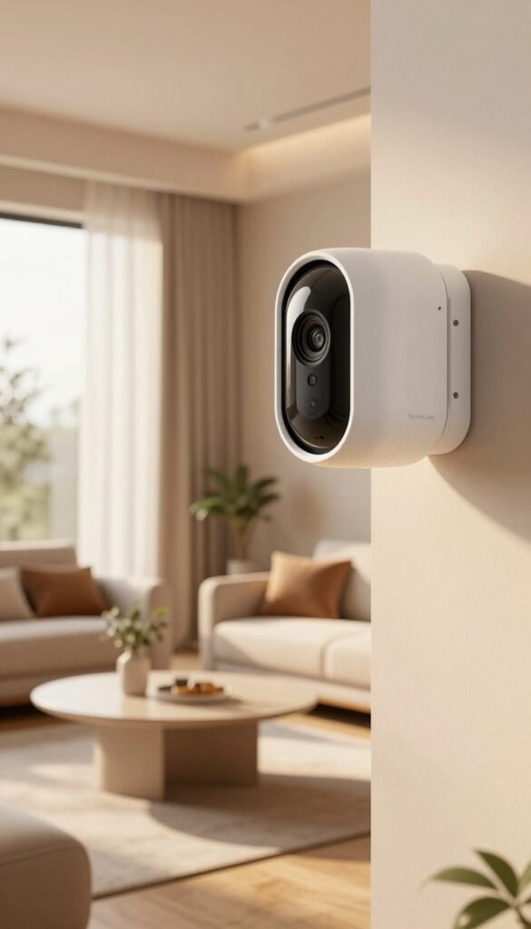 A modern smart home interior featuring a sleek surveillance camera mounted in a stylish living room. In the foreground, the camera is vivid and sharp, with a glossy white finish reflecting warm, ambient light. The middle ground showcases a cozy sofa and a small coffee table, adorned with a decorative plant and minimalist d&eacute;cor. The background includes a large window with soft, flowing curtains that filter the sunlight, creating a warm and inviting atmosphere. The overall mood conveys safety and security in a beautifully designed space. The brand name "TechKiste" should be subtly integrated into the scene, enhancing the feeling of contemporary smart home technology. The lighting should be soft and natural, reminiscent of Pinterest aesthetics.