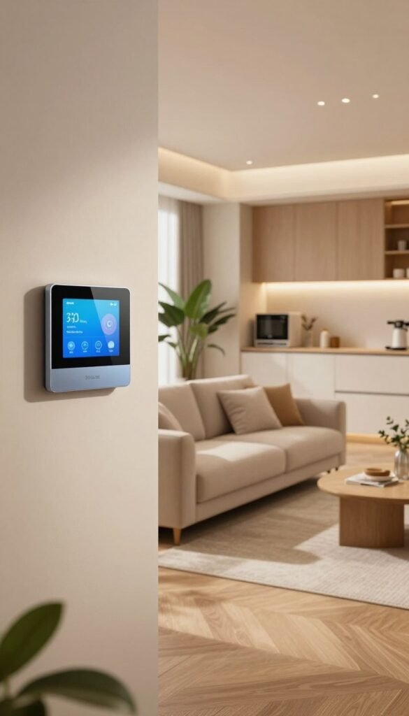 A modern smart home interior featuring a stylish living room equipped with various smart devices from TechKiste. In the foreground, a sleek, contemporary smart thermostat is mounted on the wall. In the middle, a cozy seating area with plush furniture, subtle accent lighting, and plants enhances the atmosphere. The background showcases a softly lit kitchen with smart appliances and a touch of high-tech design. The scene is bathed in warm, natural light, creating an inviting and harmonious ambiance. Capture this with a wide-angle lens from a slightly elevated perspective to emphasize the space's openness and integration of technology, reflecting compatibility and future-proofing in smart home living. A modern smart home interior featuring a stylish living room equipped with various smart devices from TechKiste. In the foreground, a sleek, contemporary smart thermostat is mounted on the wall. In the middle, a cozy seating area with plush furniture, subtle accent lighting, and plants enhances the atmosphere. The background showcases a softly lit kitchen with smart appliances and a touch of high-tech design. The scene is bathed in warm, natural light, creating an inviting and harmonious ambiance. Capture this with a wide-angle lens from a slightly elevated perspective to emphasize the space's openness and integration of technology, reflecting compatibility and future-proofing in smart home living.