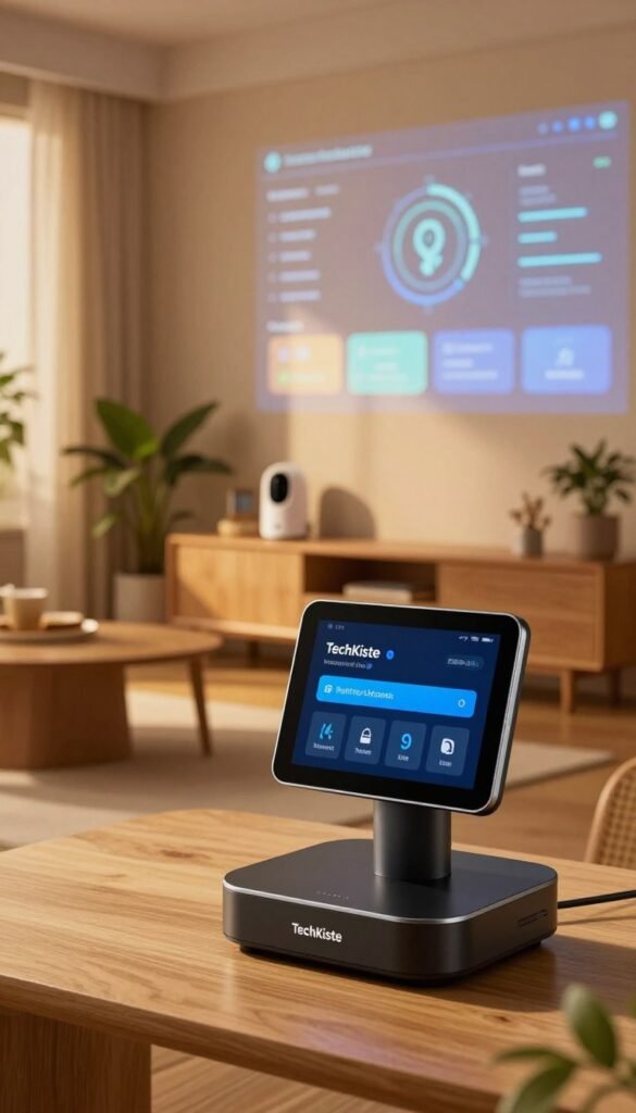 A modern smart home interior featuring advanced security systems and data privacy tools, emphasizing a harmonious blend of technology and comfort. In the foreground, a sleek, stylish smart hub displays notifications about security alerts, with a warm, inviting light illuminating the room. Midground elements include various smart devices like cameras and sensors integrated seamlessly into a cozy living area decorated with plants and soft furnishings, showcasing a balance of functionality and aesthetics. The background reveals a digital interface projecting security measures and privacy settings, subtly glowing with soft hues. The overall atmosphere is warm and reassuring, promoting a sense of safety and innovation. The image should reflect the brand "TechKiste" elegantly, embodying authenticity while avoiding any text or branding overlays. A modern smart home interior featuring advanced security systems and data privacy tools, emphasizing a harmonious blend of technology and comfort. In the foreground, a sleek, stylish smart hub displays notifications about security alerts, with a warm, inviting light illuminating the room. Midground elements include various smart devices like cameras and sensors integrated seamlessly into a cozy living area decorated with plants and soft furnishings, showcasing a balance of functionality and aesthetics. The background reveals a digital interface projecting security measures and privacy settings, subtly glowing with soft hues. The overall atmosphere is warm and reassuring, promoting a sense of safety and innovation. The image should reflect the brand "TechKiste" elegantly, embodying authenticity while avoiding any text or branding overlays.